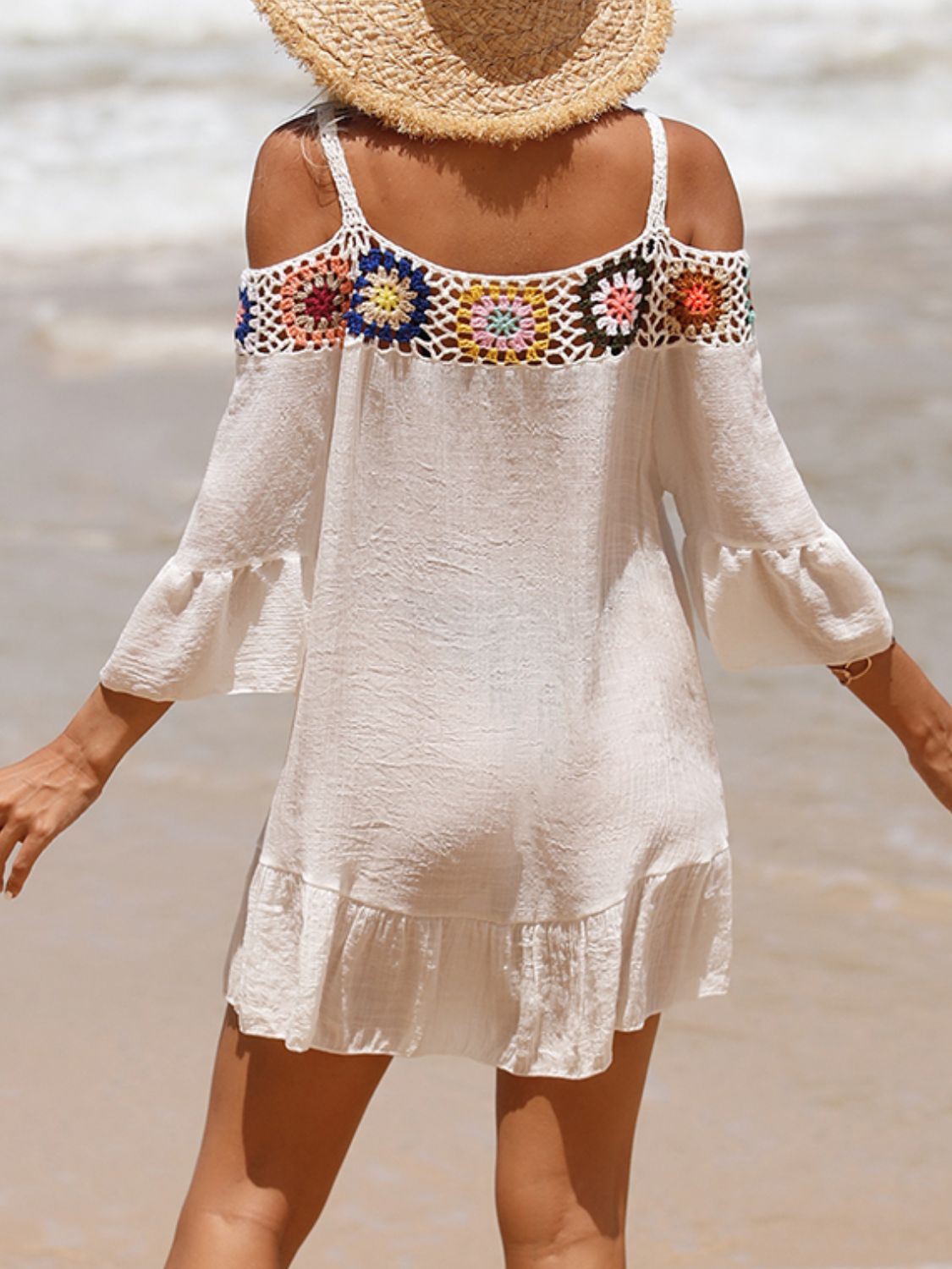 Crochet Cold Shoulder Three-Quarter Sleeve Cover Up Crochet Cold Shoulder Three-Quarter Sleeve Cover Up